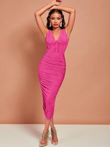 SHEIN BAE Deep V Neck Ruched Sheer Bodycon Dress - Hot Pink - View 5