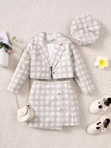 SHEIN 小女童格紋印花西裝領西裝外套和吊帶上衣和半身裙