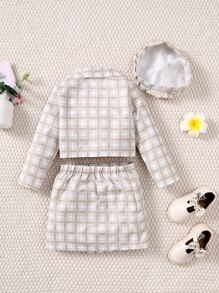 SHEIN 小女童格紋印花西裝領西裝外套和吊帶上衣和半身裙