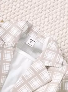 SHEIN 小女童格紋印花西裝領西裝外套和吊帶上衣和半身裙