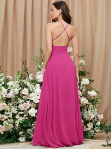 SHEIN Belle Sukienka z odkrytymi plecami i rozcięciem na udzie, elegancka, ślubna