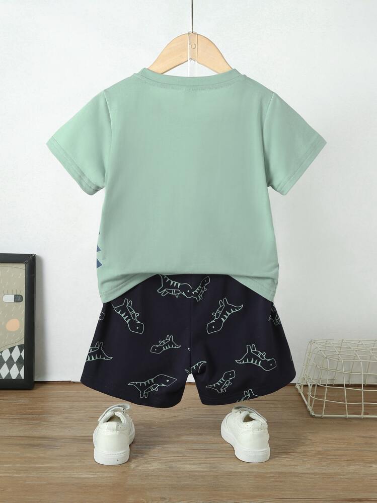 SHEIN Young Boy Cartoon Dinosaur Tee With Track Shorts Boys Dinosaur Clothesbaby Boy Short Setspocket Baby Boys Sets - Multicolor - View 2