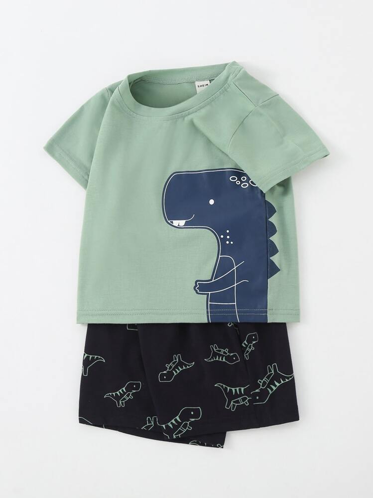 SHEIN Young Boy Cartoon Dinosaur Tee With Track Shorts Boys Dinosaur Clothesbaby Boy Short Setspocket Baby Boys Sets - Multicolor - View 5