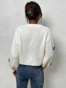 SHEIN Unity Appliques Rib-knit Drop Shoulder Cardigan - White - View 2