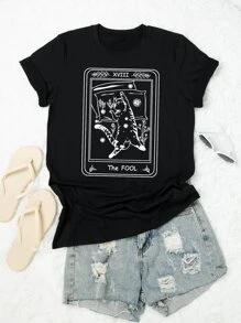 Flirla Plus Cat & Slogan Graphic Tee - Black - View 1
