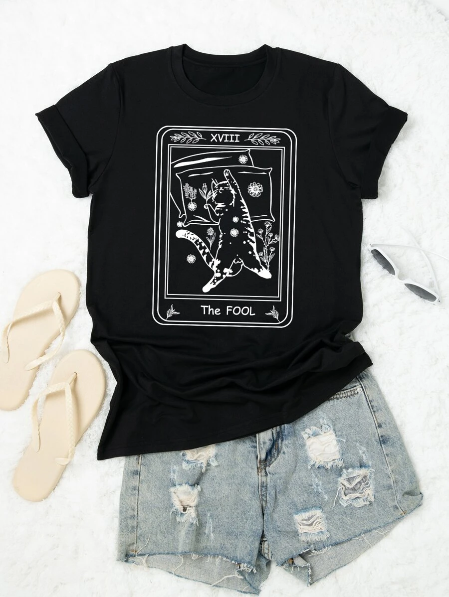 Flirla Plus Cat & Slogan Graphic Tee - Black - View 1