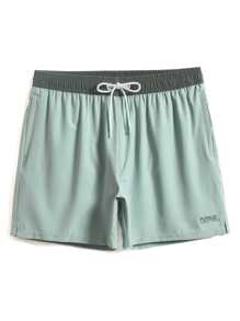 Manfinity KASUA Men Letter Graphic Drawstring Waist Swim Trunks & Compression Liner,Hawaiian - Mint Green - View 3