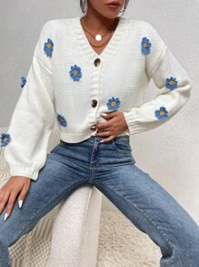 SHEIN Unity Appliques Rib-knit Drop Shoulder Cardigan - White - View 5