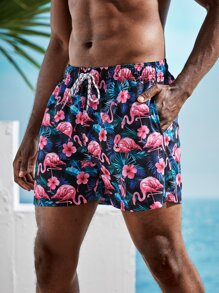 Manfinity Swimmode Men Flamingo Print Swim Trunks - Multicolor - View 1
