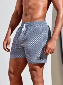 Horizaway Men Allover Geo Print Drawstring Waist Swim Trunks,Hawaiian