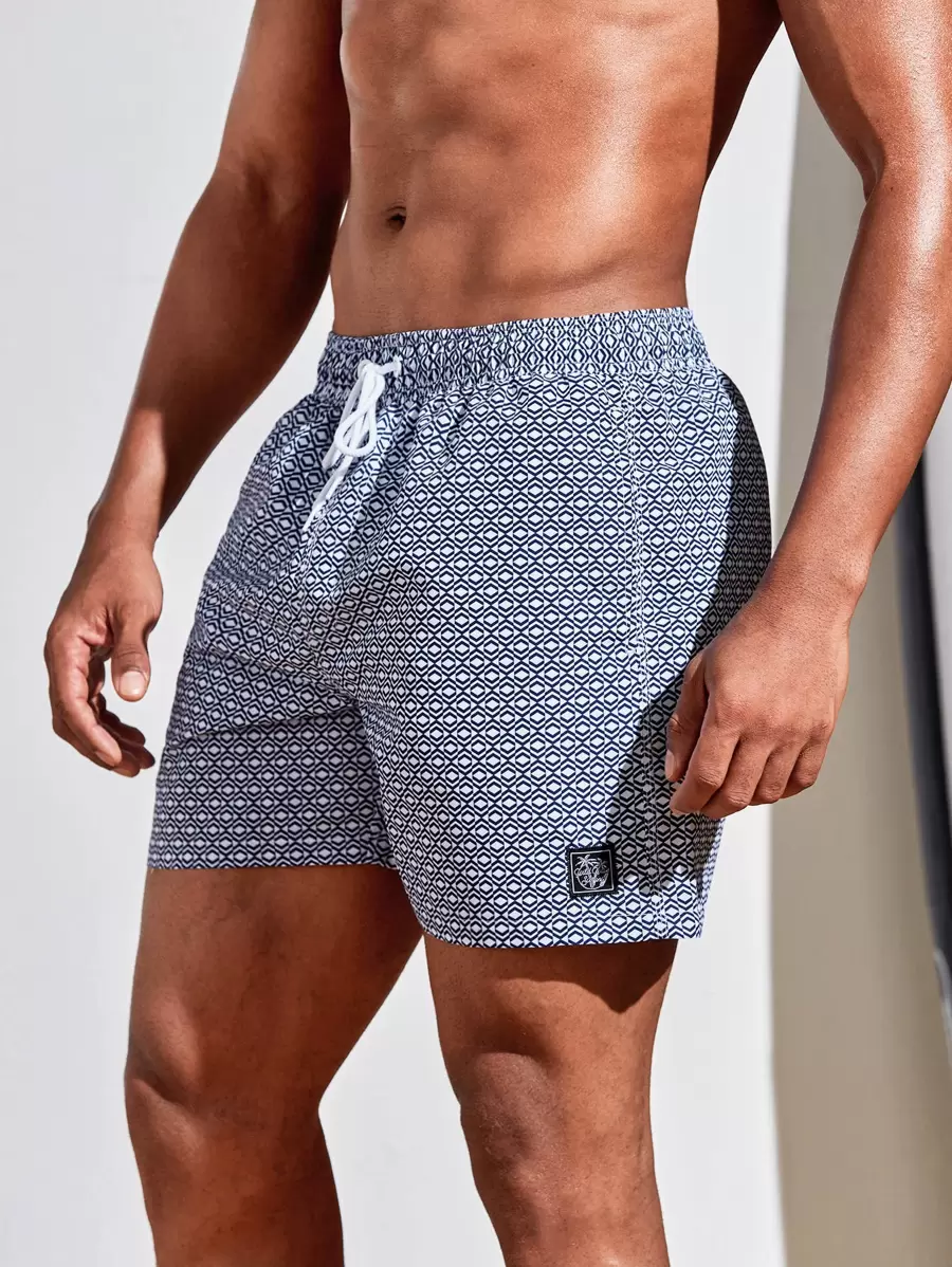 Horizaway Men Allover Geo Print Drawstring Waist Swim Trunks,Hawaiian