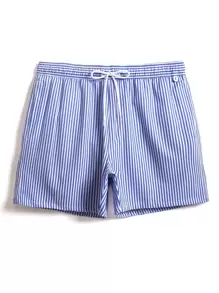 Horizaway Men Striped Print Drawstring Waist Swim Trunks - Blue and White - View 7