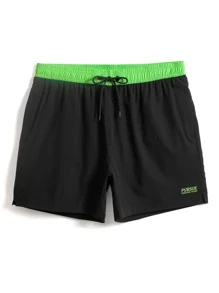 Manfinity Shorts de natación de cintura con cordón con estampado de letra con forro de compresión - Negro - Ver 4