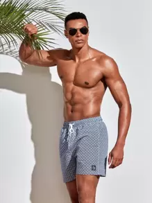 Horizaway Men Allover Geo Print Drawstring Waist Swim Trunks,Hawaiian