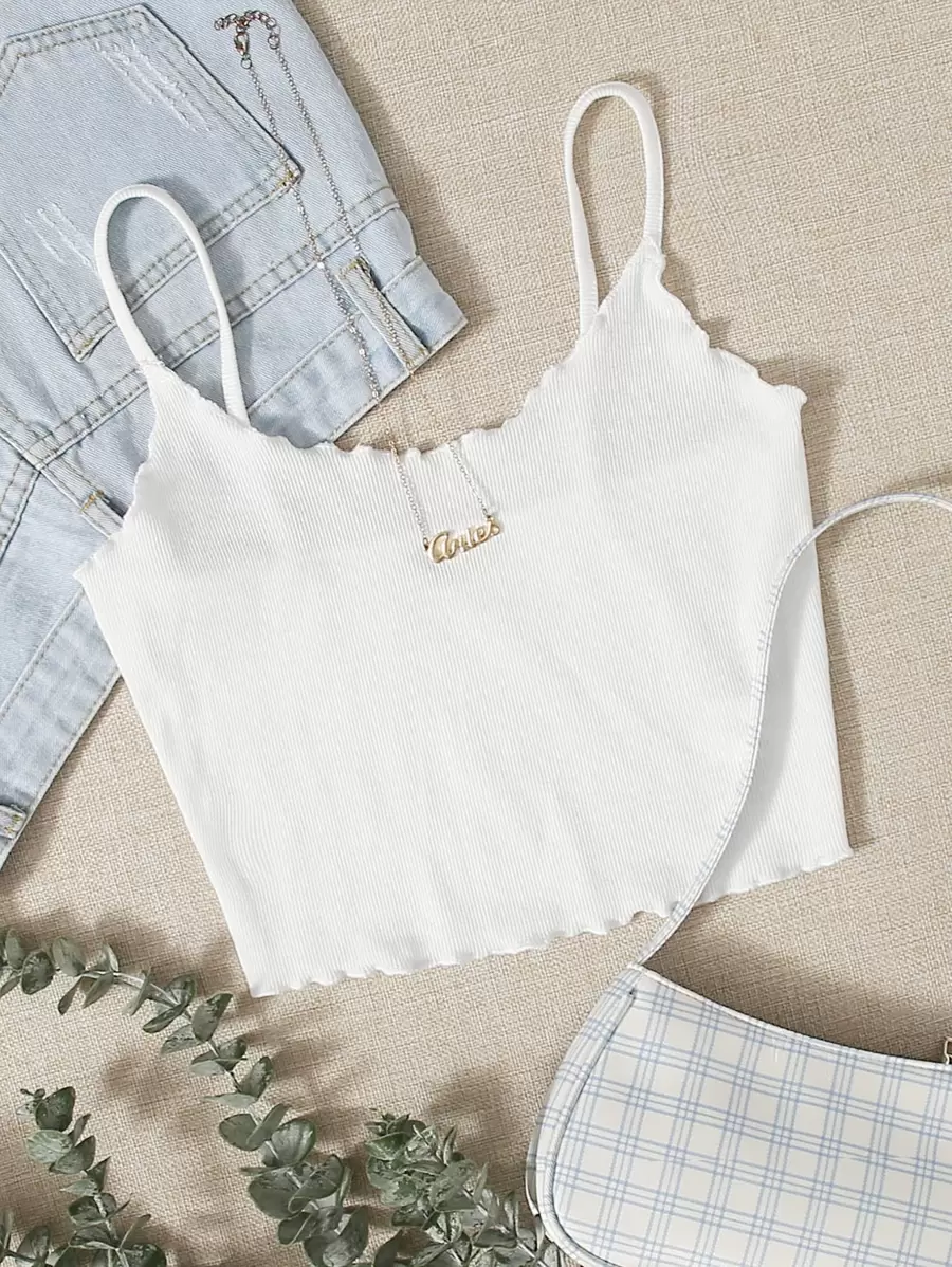 SHEIN EZwear Lettuce Trim Rib-knit Crop Cami Top - White - View 1