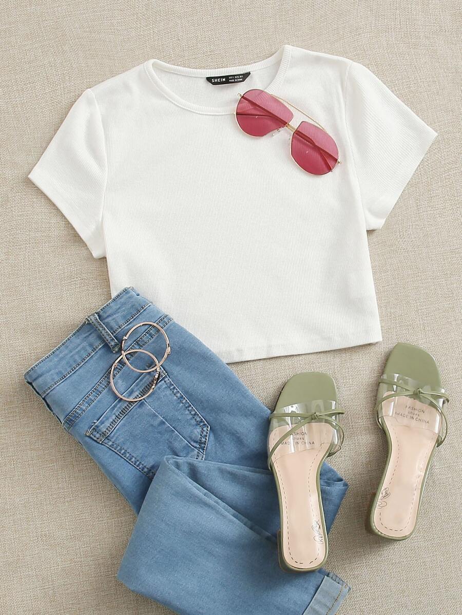 SHEIN EZwear 素色羅紋針織短版T恤 - 白色 - 查看 1