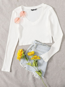 Muchica V Neck Rib-knit Crop Top - White - View 1