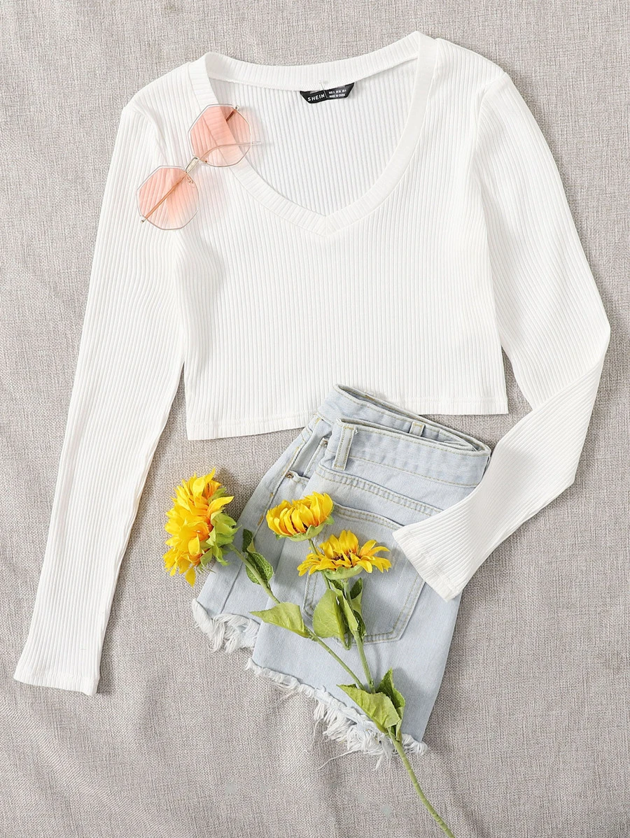 Muchica V Neck Rib-knit Crop Top - White - View 1