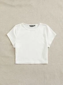 SHEIN EZwear 素色羅紋針織短版T恤 - 白色 - 查看 5