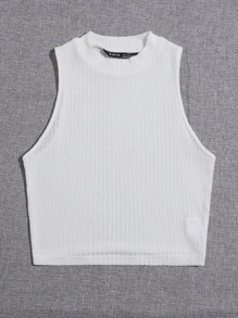 SHEIN EZwear 素色短版羅紋針織背心上衣 - 白色 - 查看 3