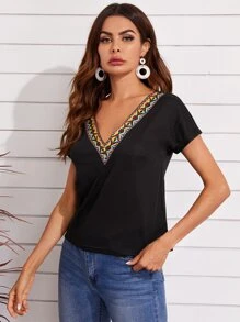 SHEIN LUNE Contrast Geo Tape Cuffed Top - Black - View 1