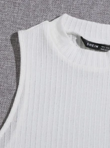 SHEIN EZwear 素色短版羅紋針織背心上衣 - 白色 - 查看 4