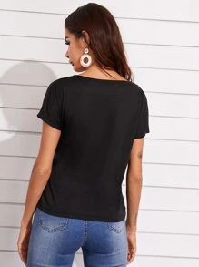 SHEIN LUNE Contrast Geo Tape Cuffed Top - Black - View 2