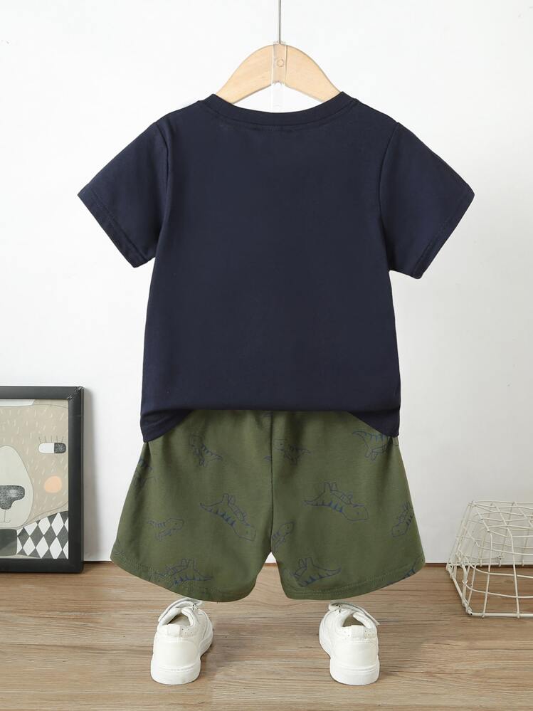 SHEIN Young Boy Cartoon Dinosaur Tee With Track Shorts Boys Dinosaur Clothespocket Baby Boys Setsdinosaur Clothesdinosaur Outfit - Multicolor - View 2