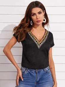 SHEIN LUNE Contrast Geo Tape Cuffed Top - Black - View 3