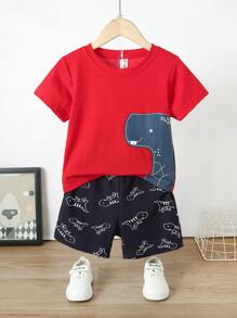 SHEIN Young Boy Cartoon Dinosaur Tee With Track Shorts - Multicolor - View 3