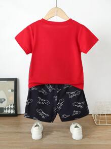 SHEIN Young Boy Cartoon Dinosaur Tee With Track Shorts - Multicolor - View 2