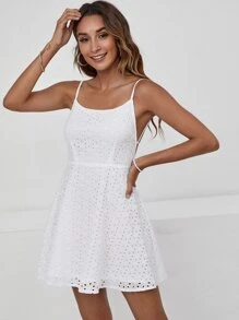 Soleia 綁結露背網眼刺繡吊帶連衣裙 - 白色 - 查看 4