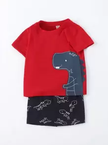 SHEIN Young Boy Cartoon Dinosaur Tee With Track Shorts - Multicolor - View 4