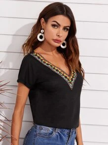 SHEIN LUNE Contrast Geo Tape Cuffed Top - Black - View 5