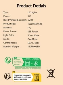 1 pieza 1.5m 90-led Luz de tira llevada blanca cálida para mesita de noche, retroiluminación, iluminación de escritorio de oficina - Amarillo - Ver 6