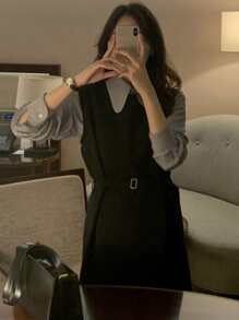 DAZY Solid Belted Tank Dress Without Shirt,Fall Clothes - Black - View 6