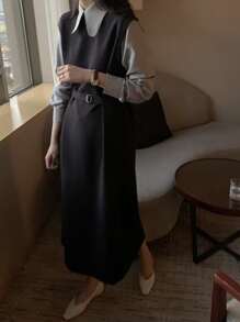 DAZY Solid Belted Tank Dress Without Shirt,Fall Clothes - Black - View 1