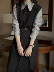 DAZY Solid Belted Tank Dress Without Shirt,Fall Clothes - Black - View 3