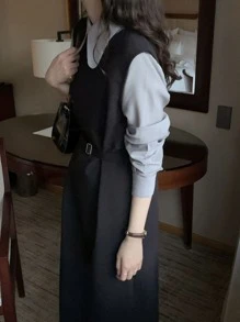 DAZY Solid Belted Tank Dress Without Shirt,Fall Clothes - Black - View 5