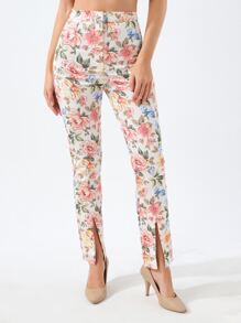 EURMUSE All Over Floral Print Split Hem Pants - Multicolor - View 1