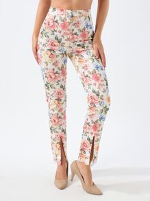 EURMUSE All Over Floral Print Split Hem Pants - Multicolor - View 4