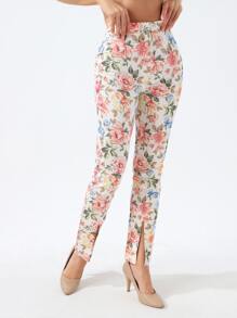 EURMUSE All Over Floral Print Split Hem Pants - Multicolor - View 7