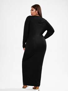 SHEIN BASICS Plus Solid Zipper Maxi Bodycon Casual Dinner Dress - Black - View 2