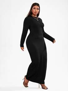 SHEIN BASICS Plus Solid Zipper Maxi Bodycon Casual Dinner Dress - Black - View 3