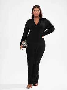 SHEIN BASICS Plus Solid Zipper Maxi Bodycon Casual Dinner Dress - Black - View 5