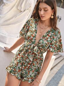 SHEIN Frenchy Floral Print Knot Front Ruffle Hem Butterfly Sleeve Romper - Multicolor - View 1