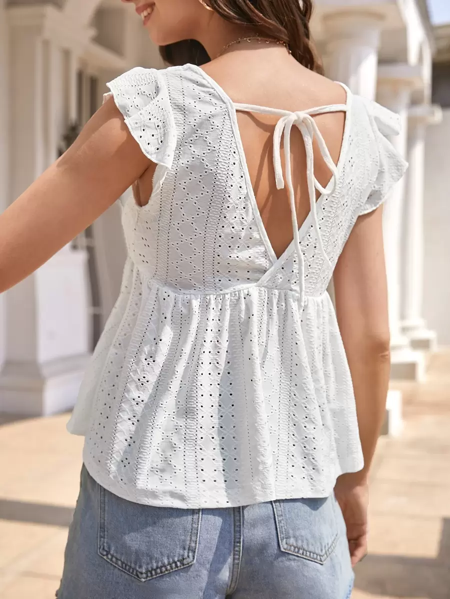 SHEIN Frenchy Eyelet Embroidery Ruffle Sleeve Peplum Tee - White - View 1