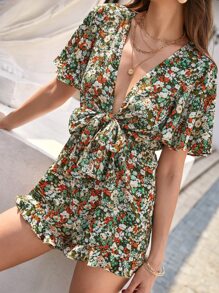 SHEIN Frenchy Floral Print Knot Front Ruffle Hem Butterfly Sleeve Romper - Multicolor - View 4