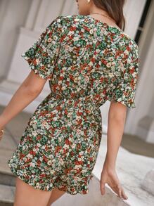 SHEIN Frenchy Floral Print Knot Front Ruffle Hem Butterfly Sleeve Romper - Multicolor - View 5