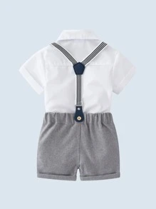 男嬰前蝴蝶結襯衫連體衣和卷邊背帶短褲